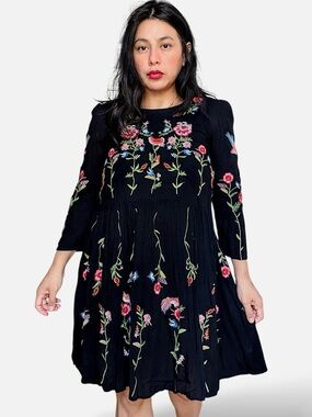 Anthropologie Maeve Allison Embroidered Bird Floral Mini Dress Black Small